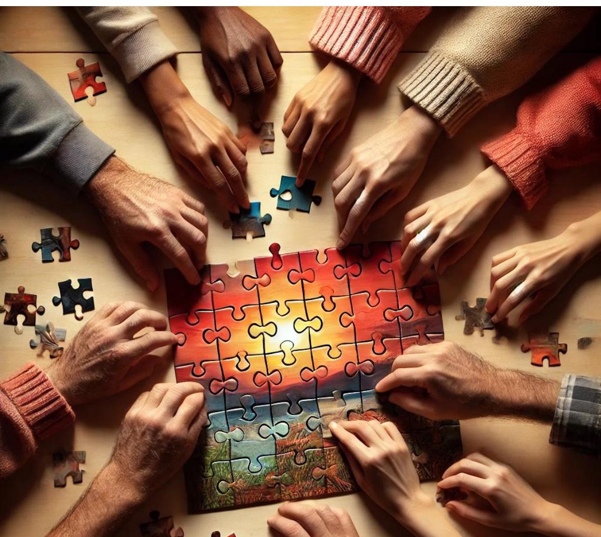 Plusieurs mains assemblant un puzzle ensemble, symbole du travail en equipe - rejoignez le reseau de prestataires Rends-moi un service